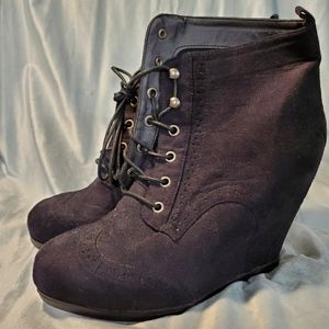 Black Suede Lace-Up Wedge Booties